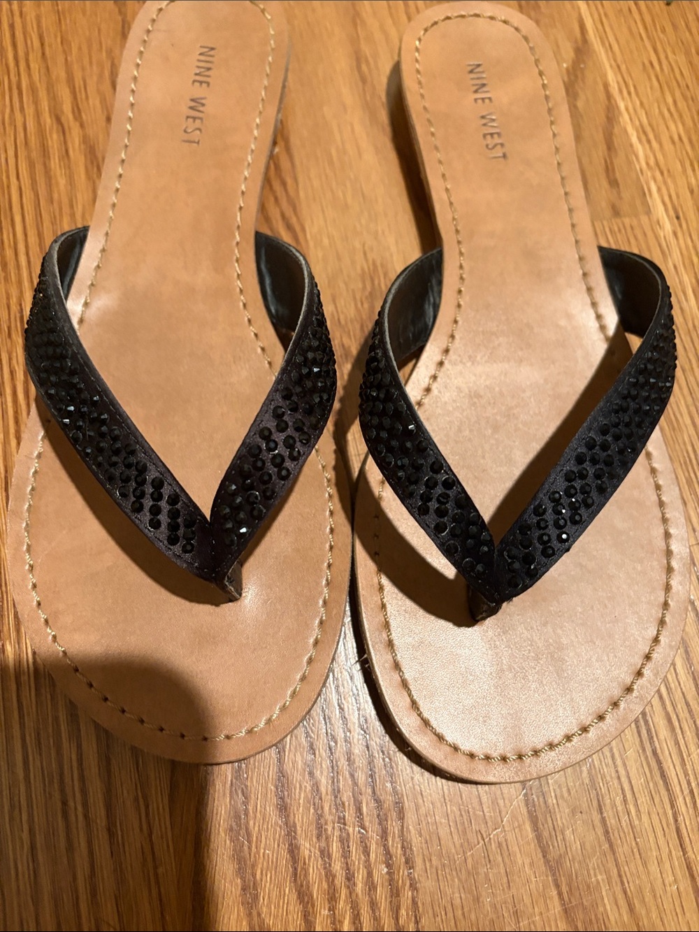 Nine West Black Rhinestone Strap Flip Flop Sandals
